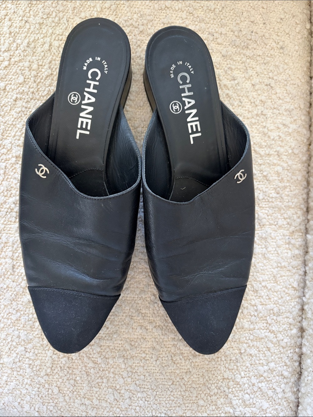 CHANEL Black Leather & Suede Slip-On Mules with CC Medallion